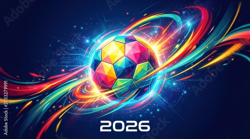Geometric soccer ball with 2026 text and dynamic colorful light trails football colorful