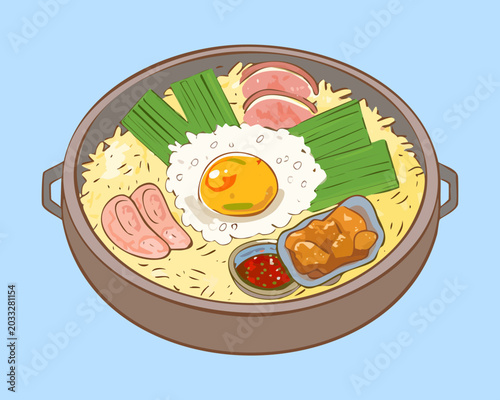 Canvastavla Savory hot pot noodle soup served with hard boiled egg and fresh scallions Vecto