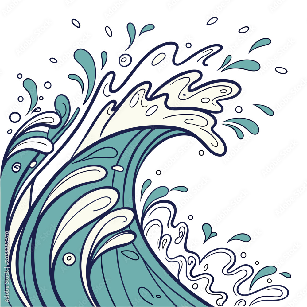 Fototapeta premium Stylized ocean wave with dynamic water splashes and swirling foam isolated on a white background abstract illustration