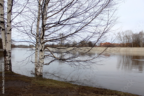 Spring flood with a river overflowing its banks.