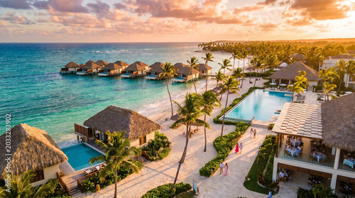 A tropical paradise resort at sunset, with overwater bungalows, a pristine beach, and a swimming pool	