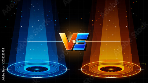 Schilderij op canvas Dynamic versus game battle background with glowing blue and orange sci-fi arenas