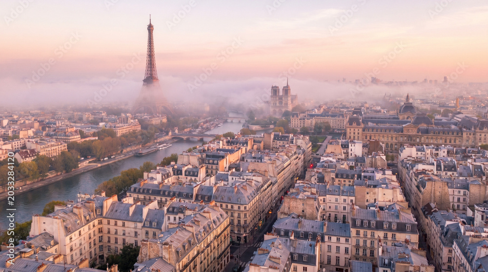 Obraz premium Parisian cityscape at dawn, with the Eiffel Tower visible in the distance