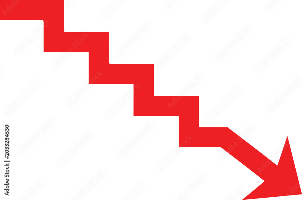 Fototapeta premium Red arrow pointing down in a stair step pattern showing a decline or financial loss trend Vector