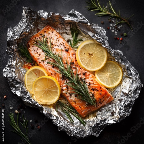 Baked Salmon Fillet with Lemon Slices and Rosemary in Aluminum Foil on Dark Background.