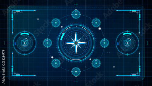 Vászonkép Futuristic compass navigation HUD with glowing cyan datalink rings, central star