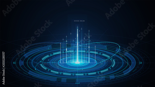 Foto Futuristic dark HUD interface with colorful resource status bars, elemental icon