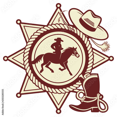 Western cowboy badge emblem with horse rider silhouette stetson hat and boot equestrian illustration silhouette