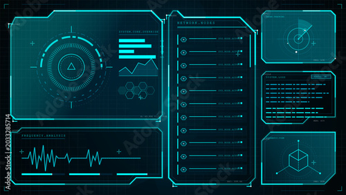 Obraz na płótnie Futuristic cyan network dashboard with glowing HUD panels, radar tracker, freque