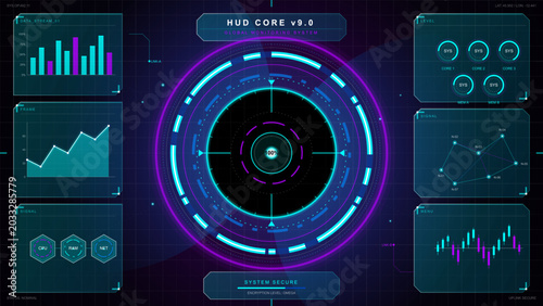 Futuristic HUD core dashboard with glowing cyan and purple circular scanner, global monitoring panels, charts, network graph, and dark grid interface