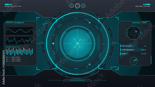 Canvas-taulu Dark futuristic HUD dashboard with cyan circular target scanner, telemetry panels, tactical grid module, system status, and secure uplink