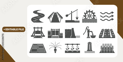Photos Water management and irrigation icons arranged in grid on white