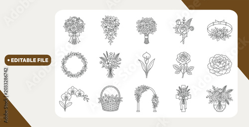 Tableau sur toile Floral and wedding bouquet line icons arranged in grid