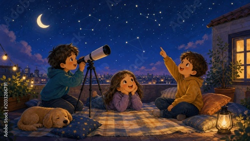Children observe stars with telescope on rooftop at night and share excitement under the moonlight