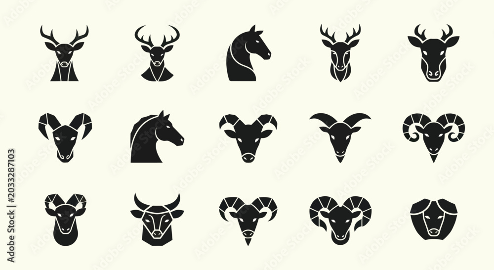 Fototapeta premium Set of Animal Head Icons: Deer, Horse, Ram, Bull, Goat - Vector Graphics