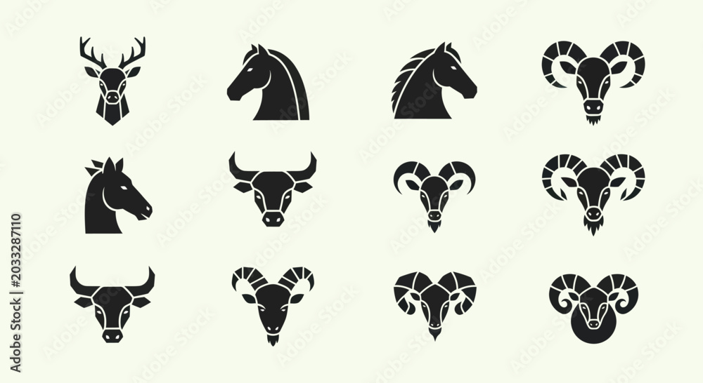 Fototapeta premium Set of Animal Head Icons: Deer, Horse, Bull, Ram, Goat - Silhouette Graphics