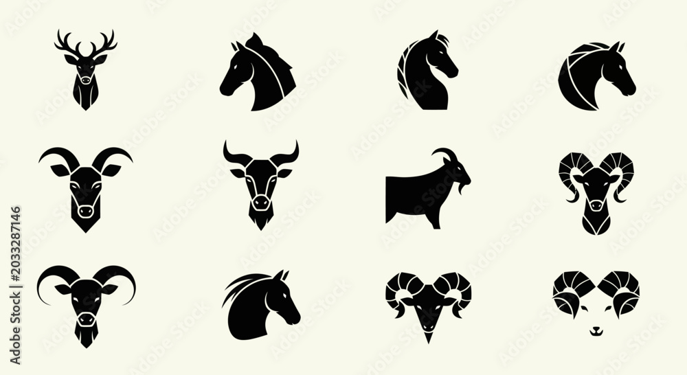 Fototapeta premium Set of Animal Head Silhouettes: Deer, Horse, Goat, Ram, Bull Icons