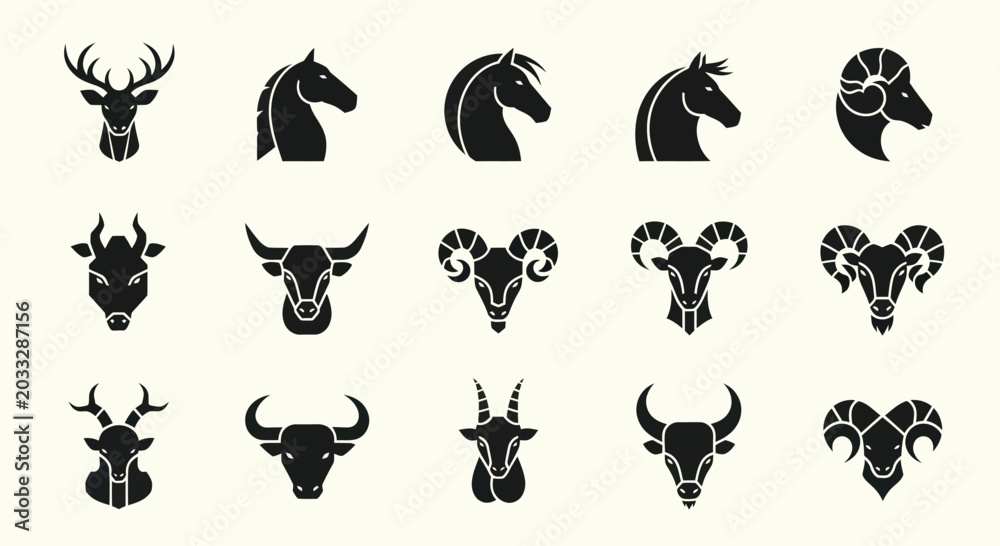 Fototapeta premium Set of Animal Head Silhouettes: Deer, Horse, Ram, Bull, Goat Icons