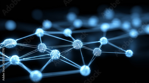 Glowing connected spheres form a digital network, representing data exchange, communication infrastructure, blockchain systems, and global connectivity.

