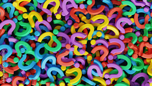 Tableau sur toile 3D illustration of a jumble pile of colorful question marks symbolizing confusion, curiosity, FAQ, uncertainty and asking questions