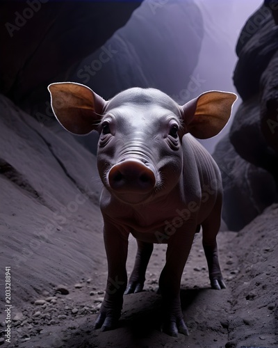 A  babirusa piglet pig hybrid fictional species, digitally created animal,  in an ashen ember canyon