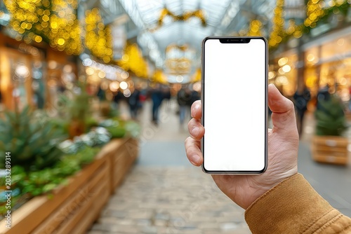 Person holding smartphone with white screen in shopping mall with blurred background and yellow lights