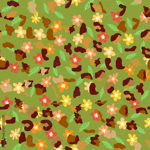 Leopard print with flowers and leaves. Design for leopard print textile fabric. Suitable for fashion