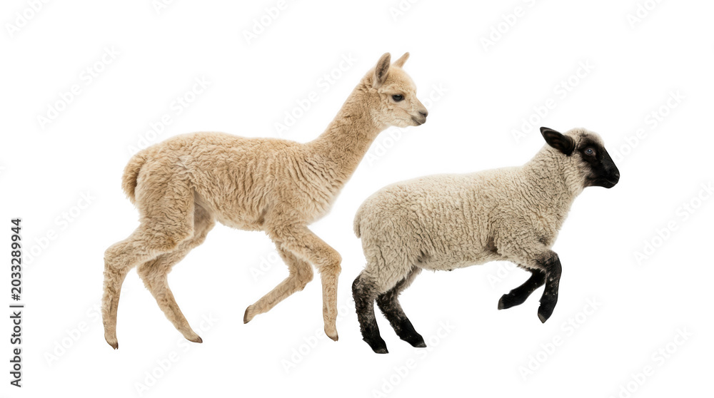 Naklejka premium A young alpaca and a lamb running together isolated on transparent background