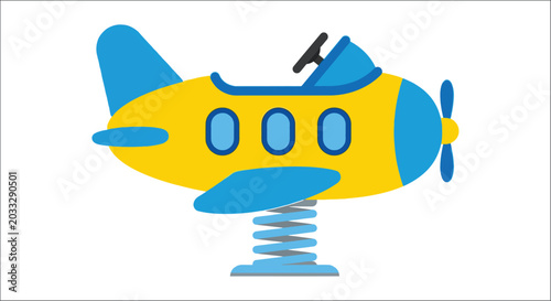 Quadro su tela Yellow airplane spring rider toy flat vector illustration on white background