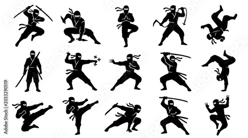 Set of ninja characters in different action poses