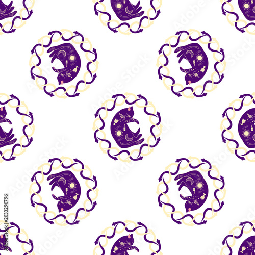 Mystical seamless pattern of cats in boho style, silhouette collection. Esotericism and mysticism, occultism. Cartoon flat vector illustrations, isolated