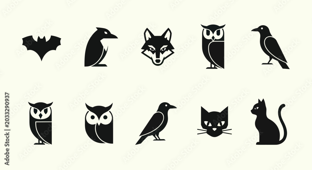 Fototapeta premium Halloween Icons Set: Bat, Fox, Owls, Raven, Cat Silhouettes
