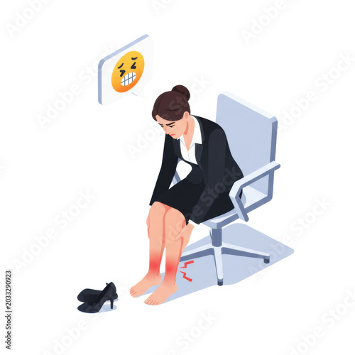 a young professional woman in a blazer and pencil skirt sits rubbing her sore bare feet on a white background, glowing red pain symbols appear, isometric 3d conceptual illustration of workplace