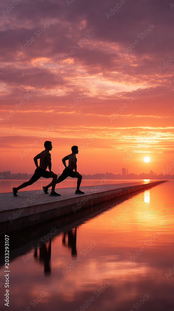 Obraz premium Two men in silhouette performing lunges on a pier at sunrise, reflecting concepts of morning workout, health, fitness, well being, and a fresh start