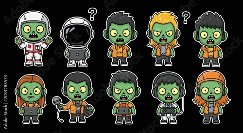 Diverse zombie characters with various professions and hobbies, cartoon style