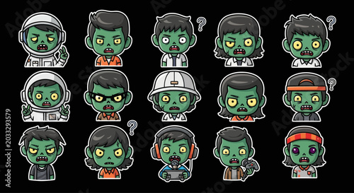 Diverse Zombie Emoticons Set with Various Expressions and Outfits