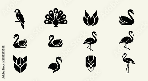 Elegant Animal Icon Set: Birds of Paradise, Swans, Flamingos, and Lotus Flowers
