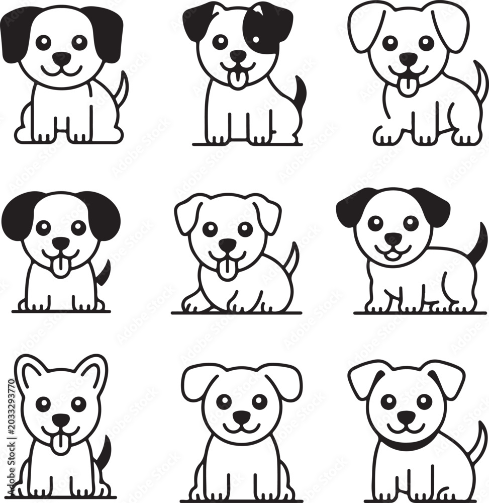 Fototapeta premium Dogs showing various playful postures are organized in a set of nine distinct black and white line art icons on a neutral background, highlighting the cheerful and energetic nature of puppies.