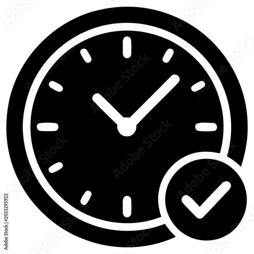 Minimalist vector graphic illustration of a clock face icon with a checkmark symbol representing timely completion and successful task management for digital projects