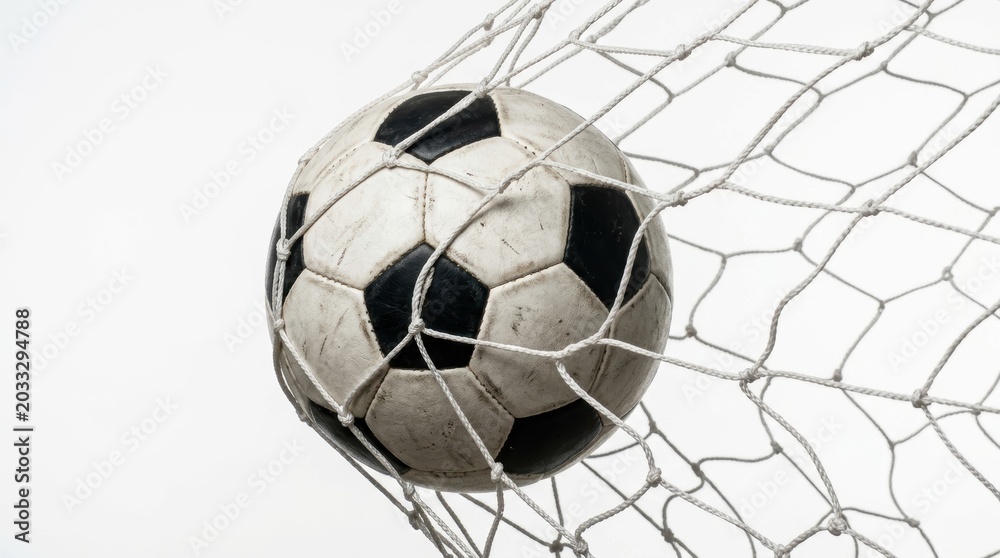 Naklejka premium Soccer ball in the goal net isolated on white background