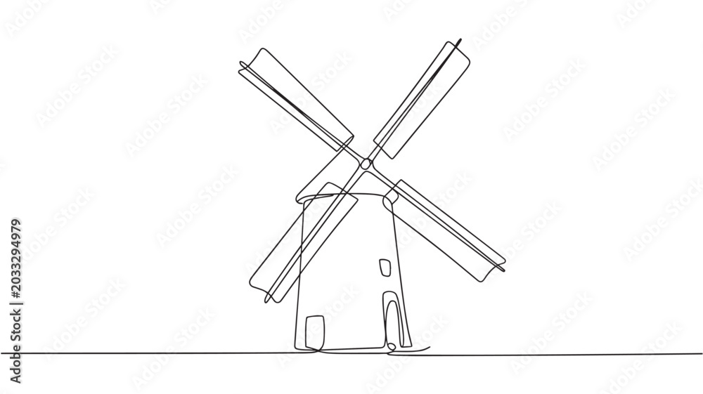 Fototapeta premium Minimalist continuous line drawing of a traditional windmill, simple black line art of a rustic farm mill, elegant one line vector illustration