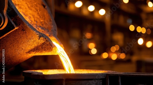 Molten metal pouring from crucible into mold