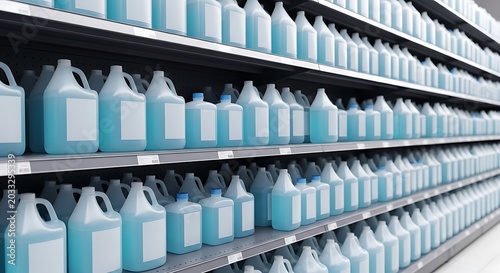 Rows of bulk hand sanitizer in plastic containers stocked on supermarket shelves for retail sale in a large commercial environment for hygienic cleaning