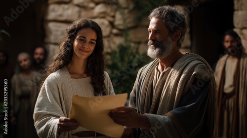 As Paul entrusts Phoebe with the scroll, believers stand together in a humble courtyard, united in spreading the message of Christ with faith and purpose.
