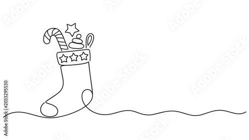 Minimalist Christmas stocking continuous line drawing, festive holiday sock with candy cane and stars, black and white winter celebration vector illustration