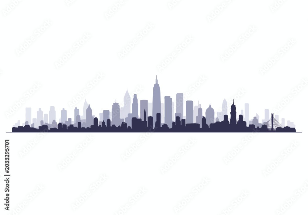 Obraz premium Modern city skyline silhouette with tall skyscrapers on a white background