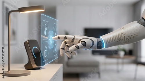 Robot hand using a digital glass screen in a modern office