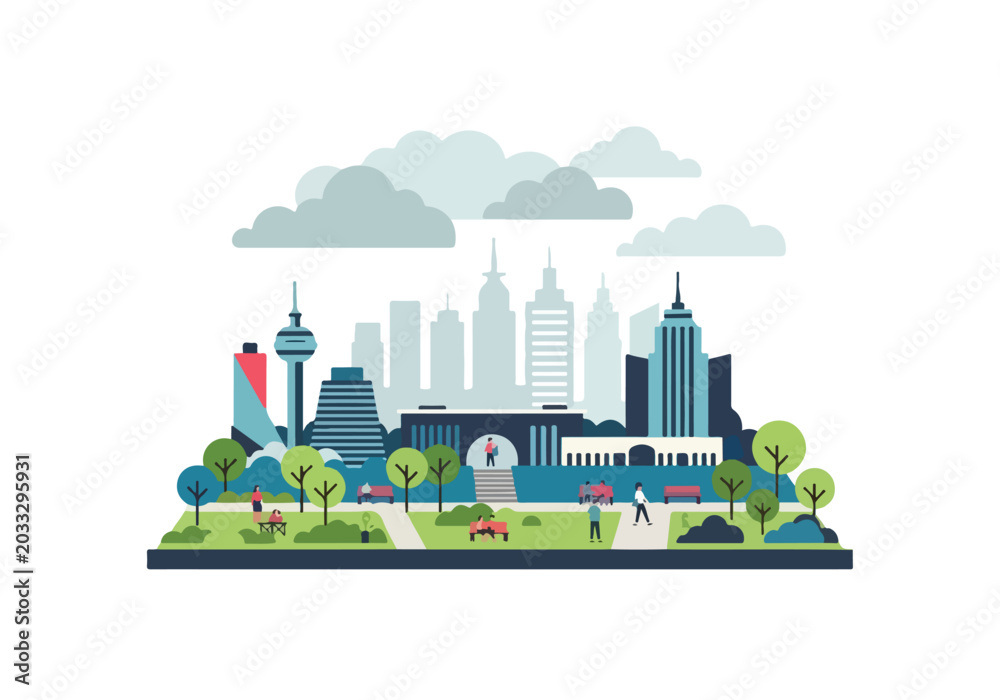 Fototapeta premium Vibrant city skyline with modern skyscrapers and lush park landscape at daytime