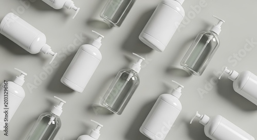 Bulk hand sanitizer bottles with white and transparent containers arranged in an organized pattern on a light grey background for product marketing display