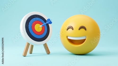 A happy yellow emoji character stands next to a colorful archery target with a blue dart perfectly hitting the center in this high quality studio photo.
